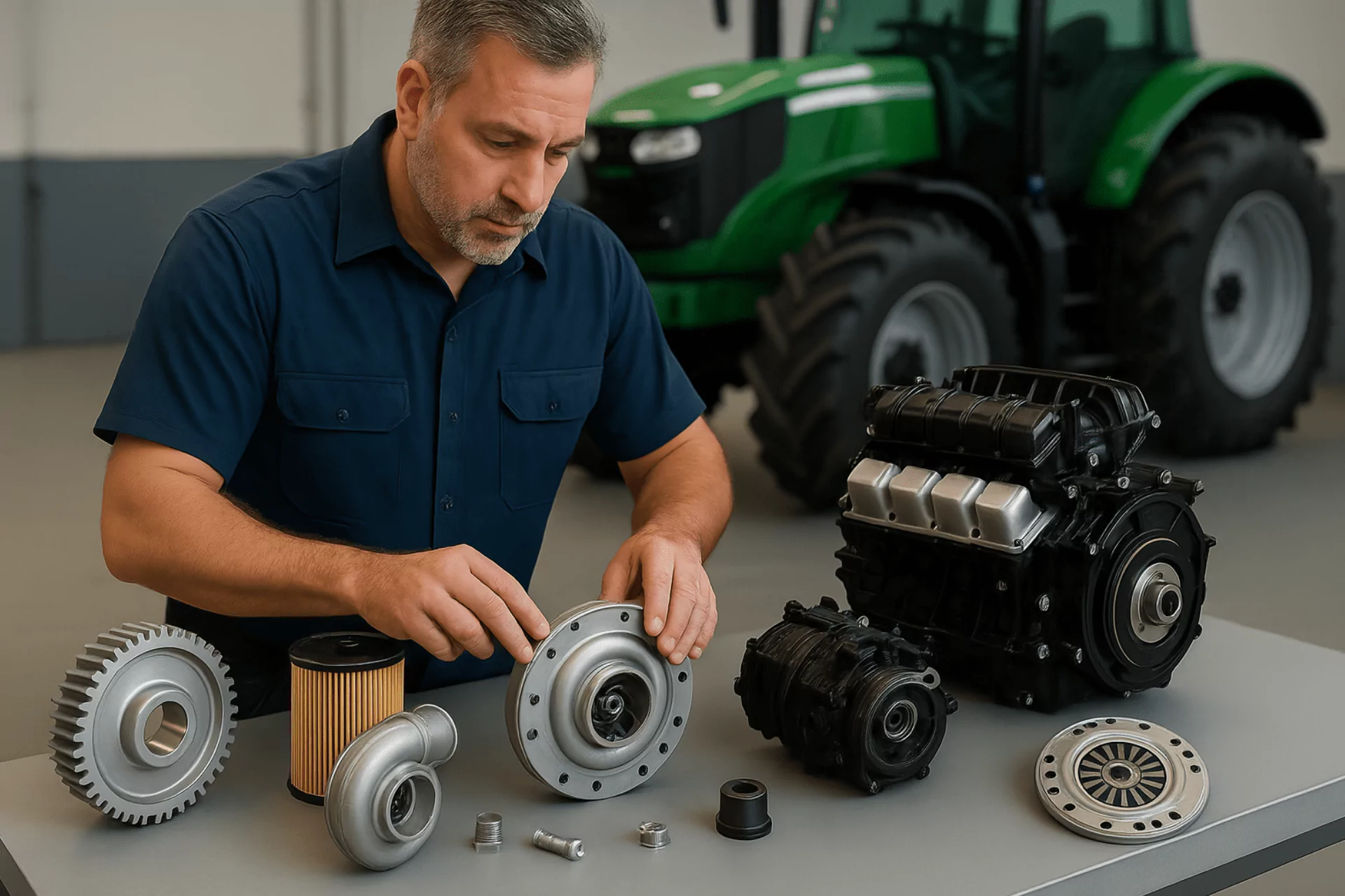Man in a navy blue shirt examines various mechanical New Holland parts.